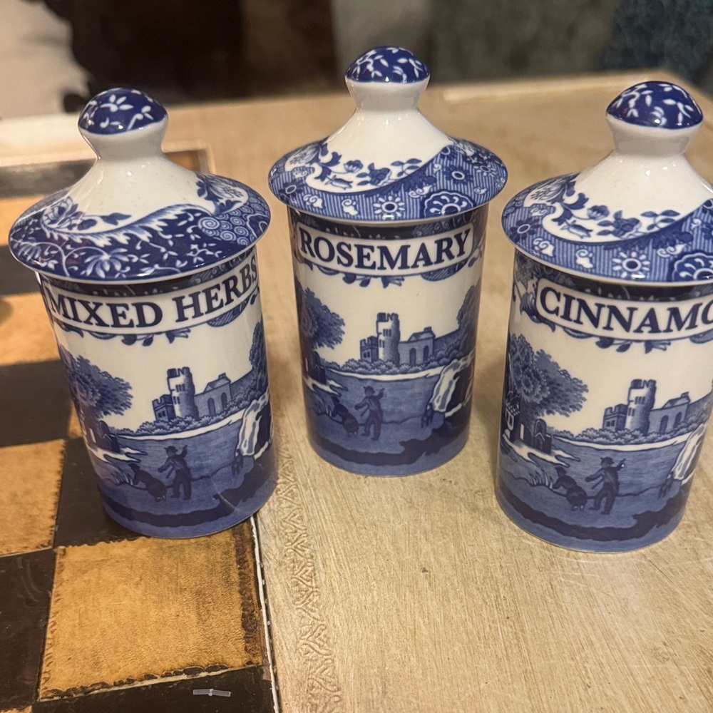 Spode Blue and White Herb Canisters Set